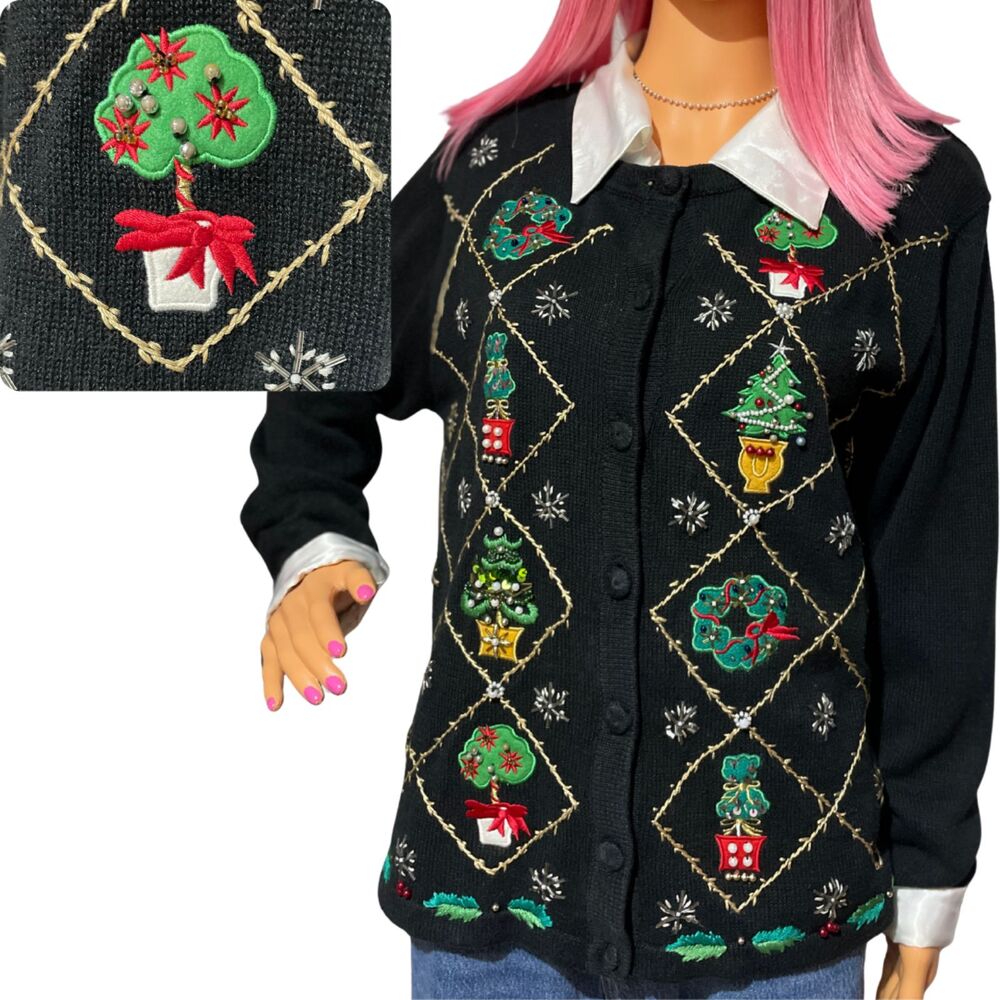 OHI Vintage Black Christmas Holiday Knit Cardigan Sweater Embroidered Beaded
